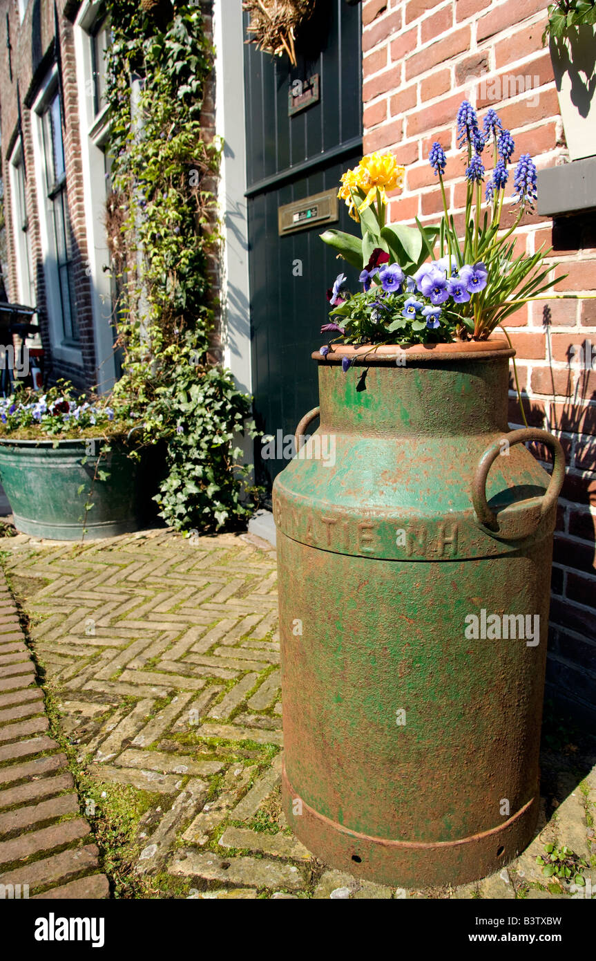 Europa, Paesi Bassi (aka Holland). Formaggio medievale producendo città di Edam. Vecchio il latte può essere usato come vaso di fiori. Foto Stock