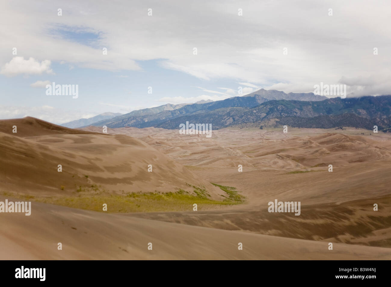 Vista delle Montagne del Sangre de Cristo da le più alte dune di sabbia al Great Sand Dunes National Park in Colorado. Foto Stock