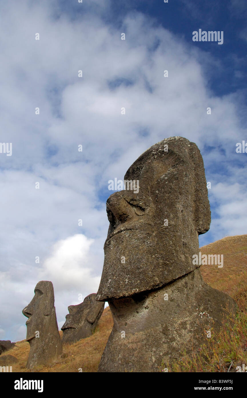 Cile, l'Isola di Pasqua (aka Rapa Nui). Rano Raraku, la principale cava di roccia per la grande pietra Moai. Foto Stock