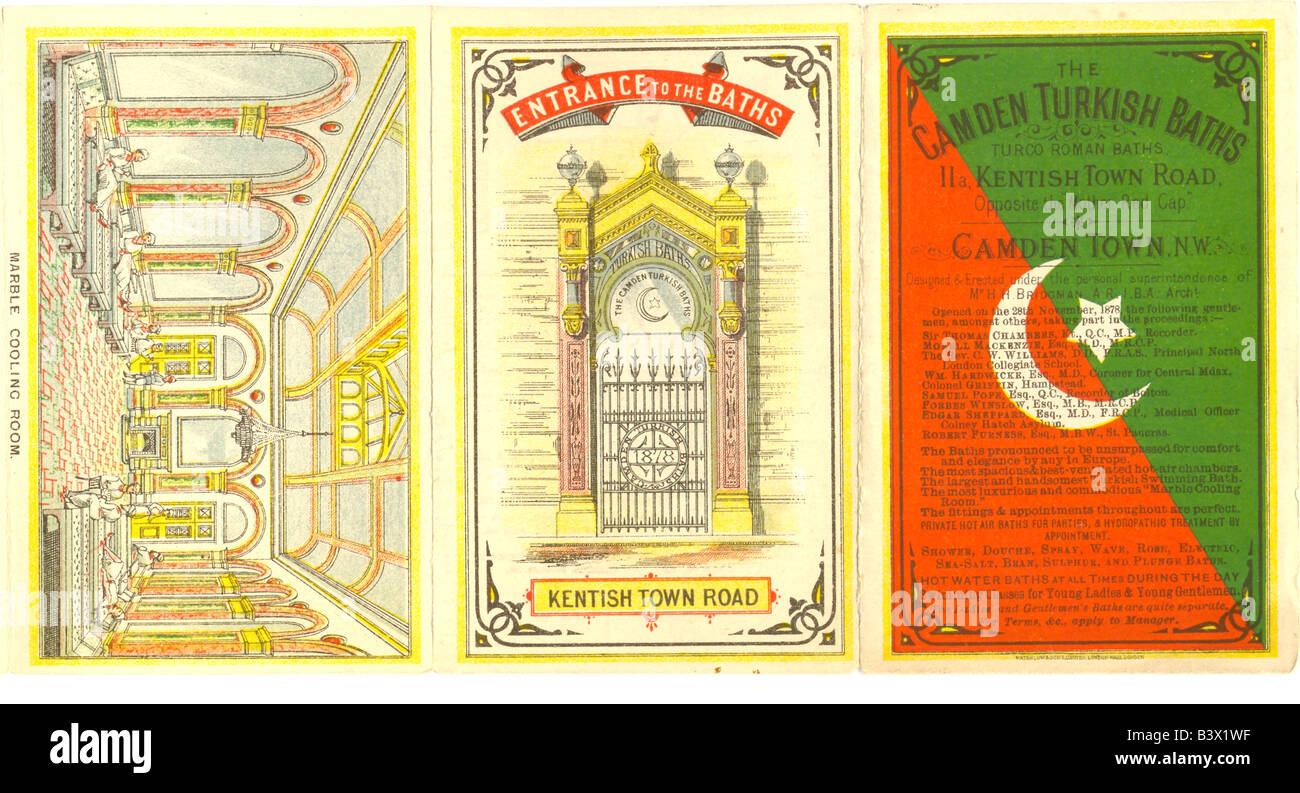 Opuscolo pubblicitario pieghevole Chromolithographed per Camden Turkish Baths, Kentish Town Road, Londra, UK circa 1880 Foto Stock