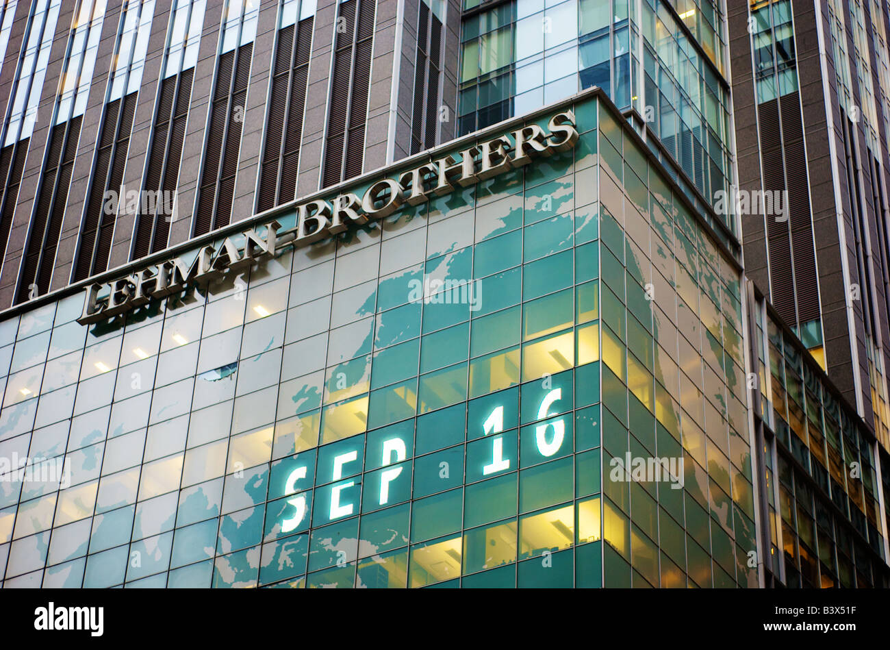 Lehman Brothers Headquarters Building a New York un giorno dopo la dichiarazione di fallimento. (Per solo uso editoriale) Foto Stock