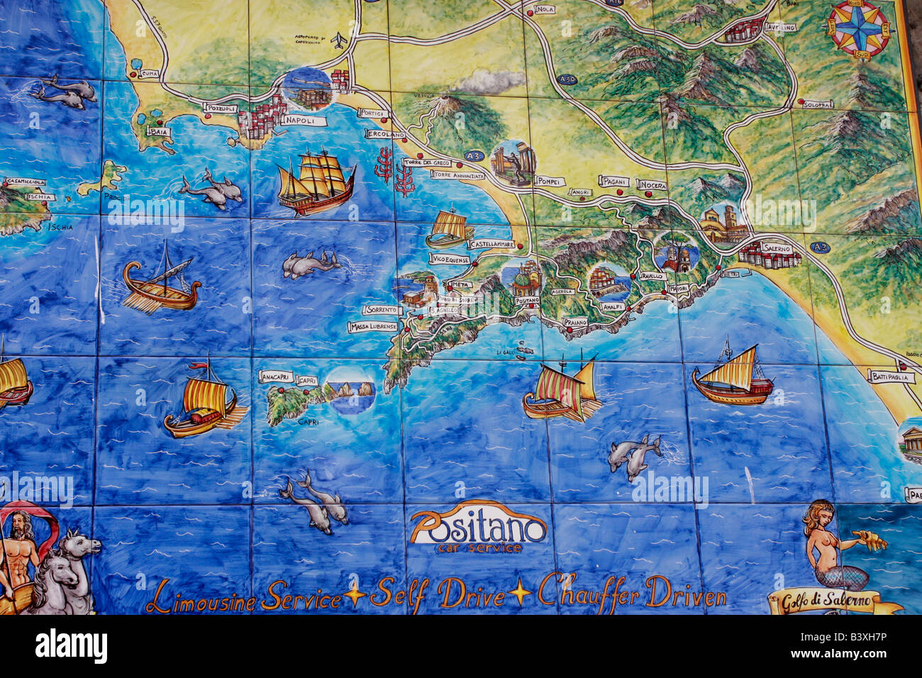 Piastrella ceramica mappa di Positano, Costiera Amalfitana,Italia Foto Stock