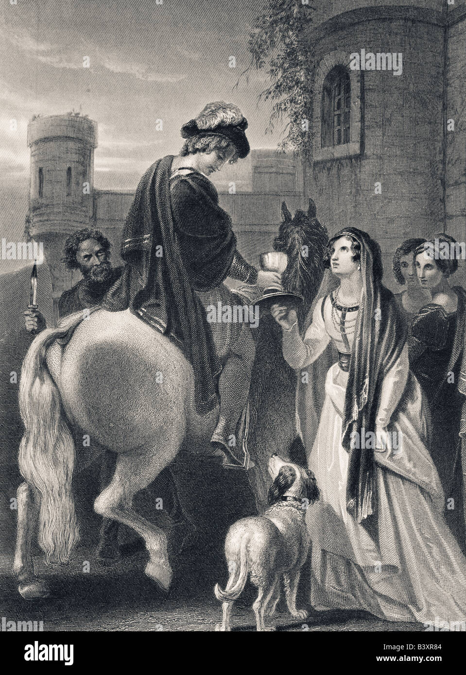 L assassinio di Edoardo il martire, c. 963 - 978 figlio di Re Edgar, attraverso il tradimento della sua matrigna Regina Elfrida. Foto Stock