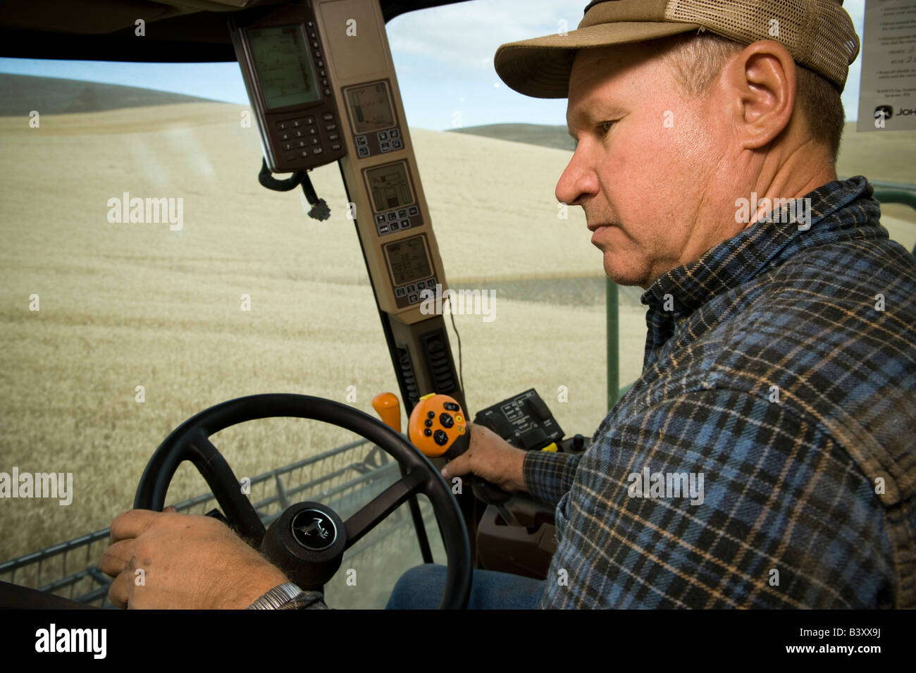 Mietitura del grano in Palouse, Washington, Stati Uniti d'America Foto Stock