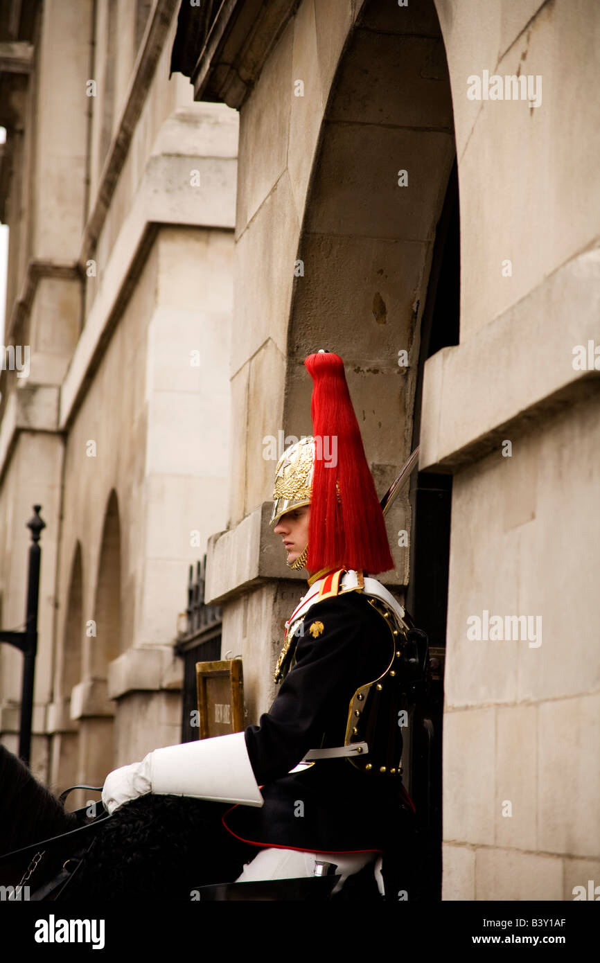 Re della truppa, Royal Horse Artillery soldato di guardia presso la sfilata delle Guardie a Cavallo, Whitehall, Londra, Inghilterra. Foto Stock