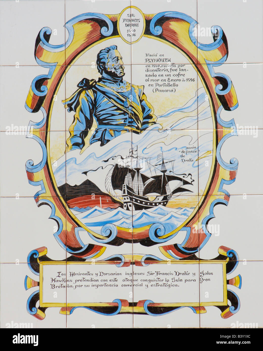 Piastrelle sulla parete su Gran Canaria descrivendo Francis Drake è un tentativo di conquistare le isole per la Gran Bretagna. Foto Stock