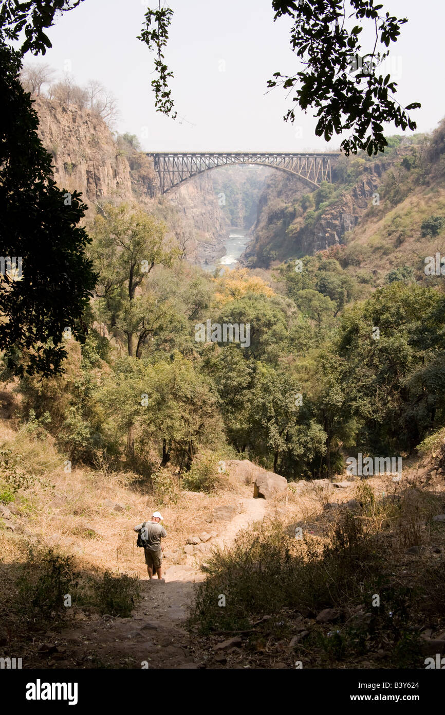 Lo Zambesi bridge spanning tra Zambia e Zimbabwe sopra il recipiente di ebollizione appena al di sotto del Victoria Falls. Foto Stock