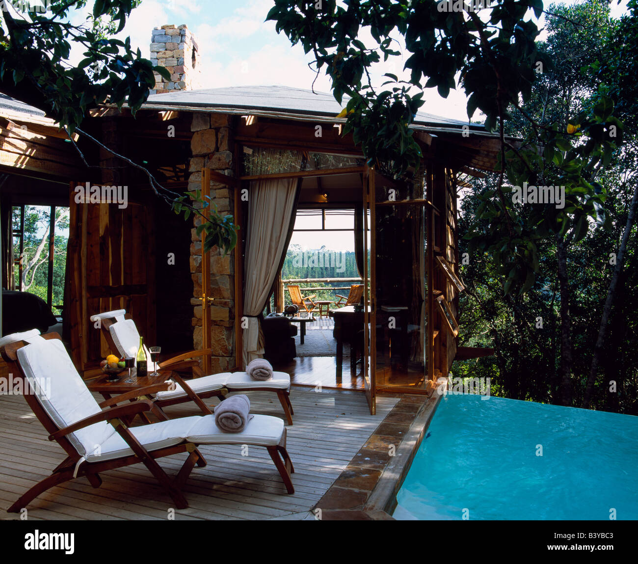 Sud Africa, Western Cape, Plettenberg Bay. Tsala Treetop Lodge, treehouse & piscina a tuffo Foto Stock