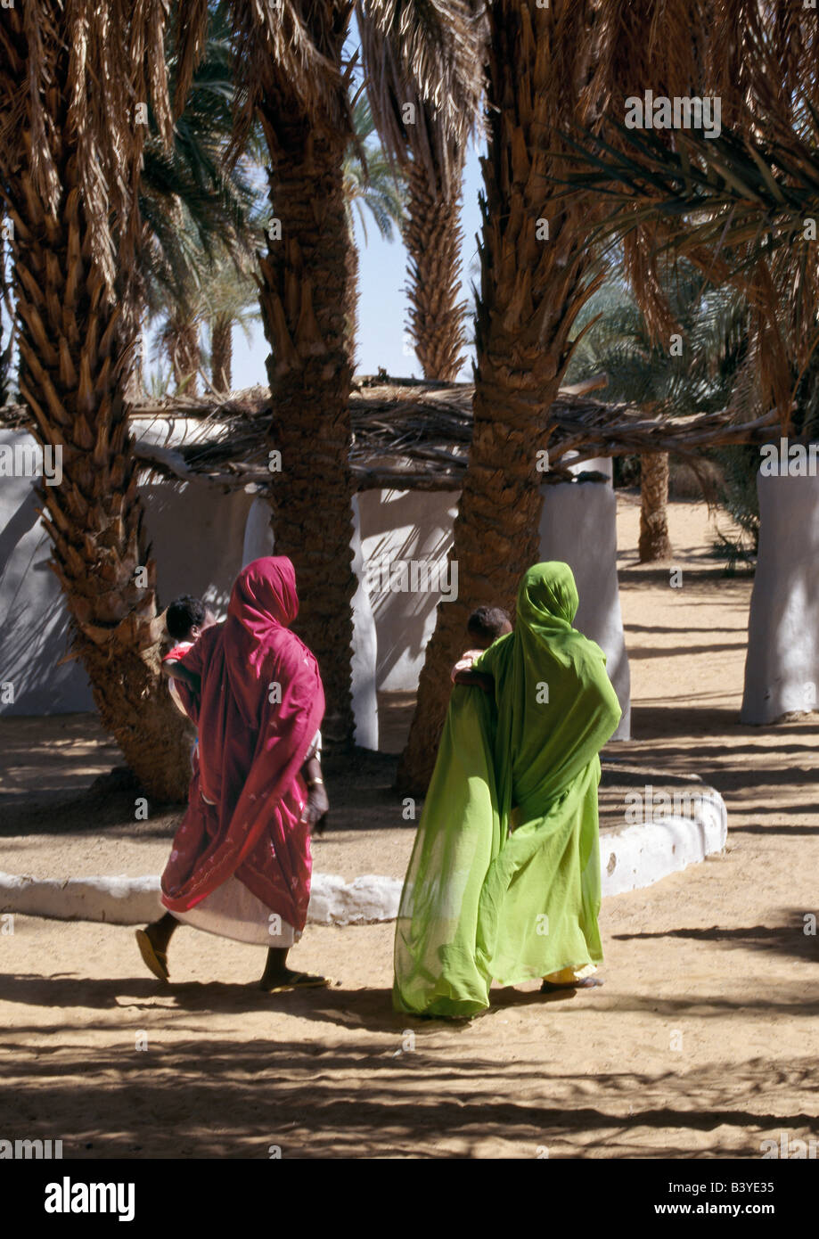 Sudan, Sahara Deserto Nubiano, donne in costumi colorati a piedi sotto palme da dattero di Old Dongola. Foto Stock