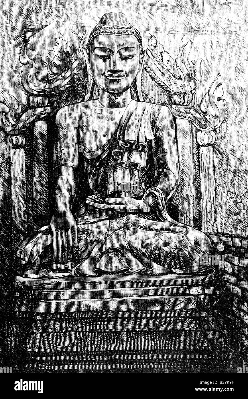 Buddha, Principe Siddharta Gautama, 563 a.C. - 483 a.C., fondatore indiano di una religione, buddismo, incisione in legno di un quadro colossale, 19th secolo, Foto Stock