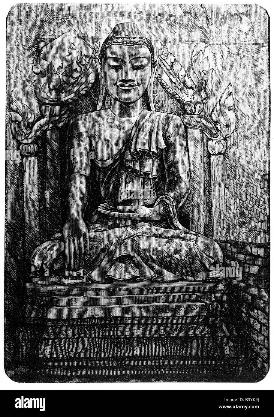 Buddha, principe Siddharta Gautama, 557 - 447 a.C., fondatore indiano del Buddismo, incisione, 19th secolo, Foto Stock