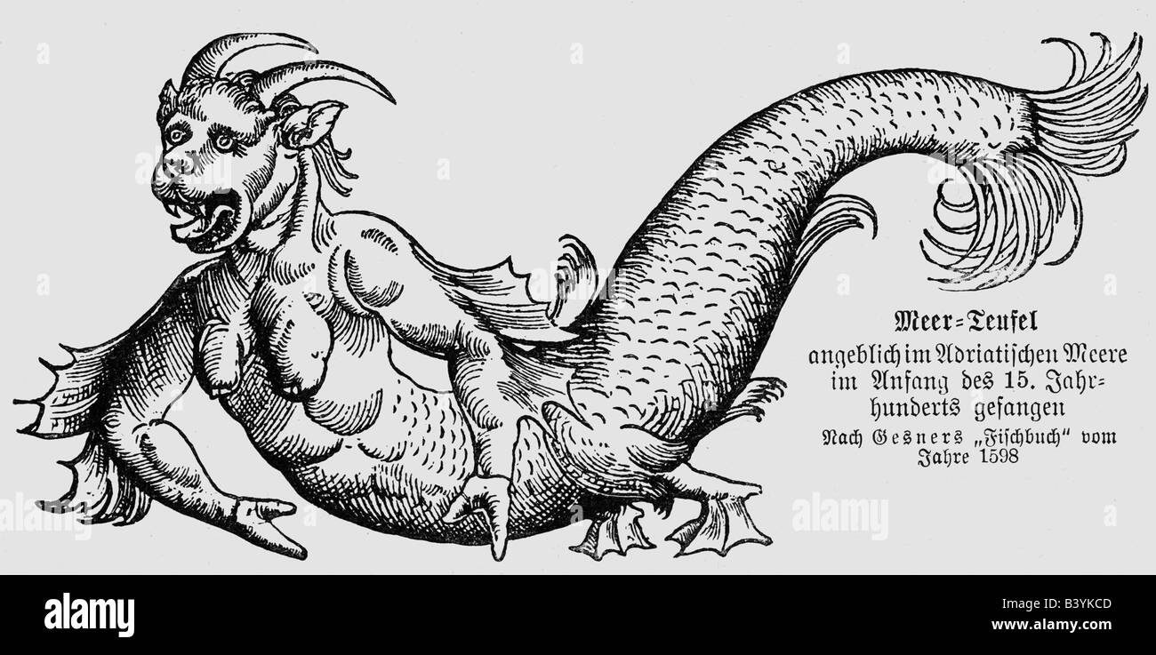 La superstizione, creature mitiche, 'sea devil' dal Mare Adriatico, xilografia, "Historia animalium' da Conrad Gesner, 4° vo Foto Stock