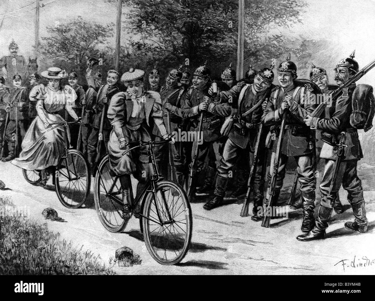 Sport storico, bicicletta, incisione dopo disegno originale di F. Lindner, 1899, Foto Stock