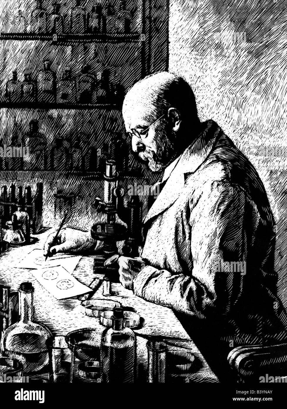 Koch, Robert, 11.12.1843 - 27.5.1910, medico tedesco (batteriologia), in laboratorio, incisione anonima, , Foto Stock