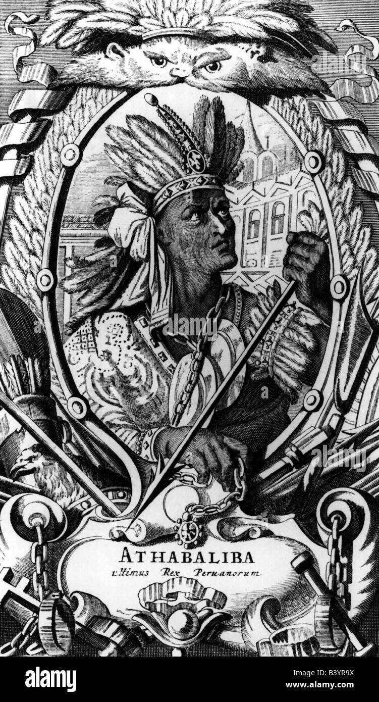 Atahualpa, circa 1500 - 12.8.1533, dominatore dell'impero degli Incas 1527 - 1533, a mezza lunghezza e incisione su rame, dopo O. Dapper 'l'ignoto nuovo mondo", Amsterdam, 1673, artista del diritto d'autore non deve essere cancellata Foto Stock