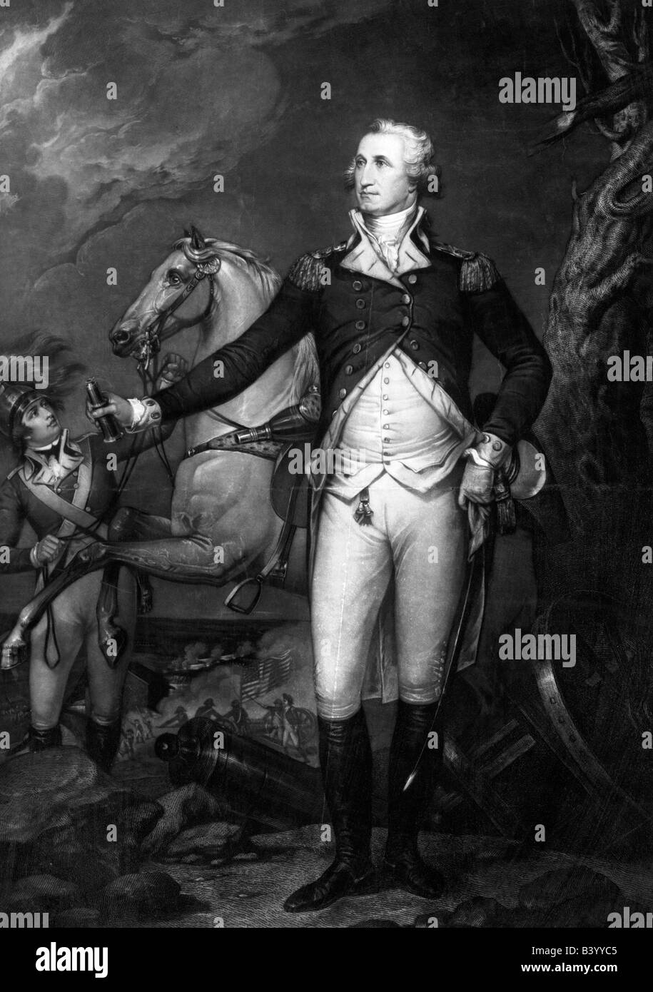 General George Washington sul campo di battaglia a Trenton Foto Stock
