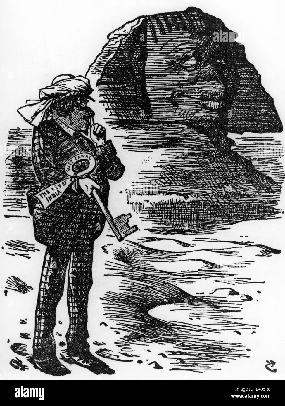 Disraeli, Benjamin Earl of Beaconsfield, 21.12.1804 - 19.4.1881, politico britannico, primo ministro 1868 e 1874 - 1880, piena lunghezza, caricatura, tenendo il canale di Suez, la chiave in India, in mano, da 'Punch', Foto Stock