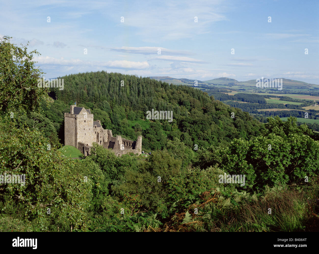 dh Castello Campbell DOLLARO GLEN CLACKMANNAN Castello tra gli alberi Dollar Glen oscurità scozia scottish Castelli lato campagna Foto Stock