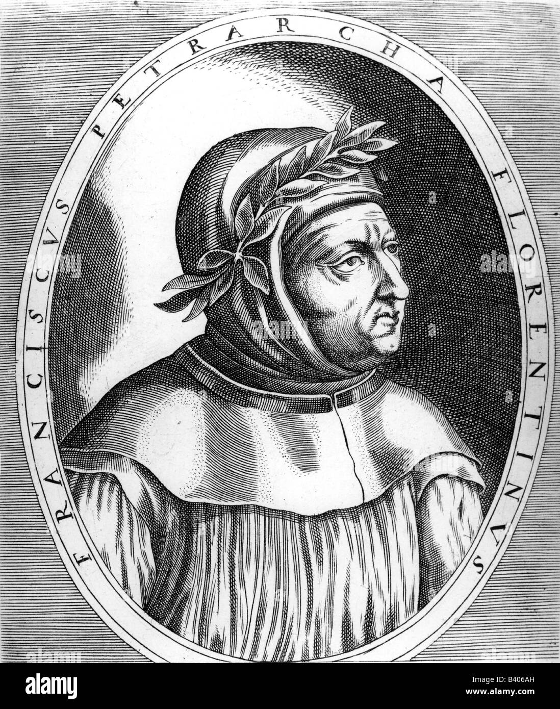 Il Petrarca, ( Petrarca, Francesco ), 20.7.1304 - 19.7.1374, umanista italiano, autore, poeta, studioso, ritratto, incisione del XVII secolo, letteratura italiana, Umanesimo e Rinascimento, Italia, alloro wreat, , artista del diritto d'autore non deve essere cancellata Foto Stock