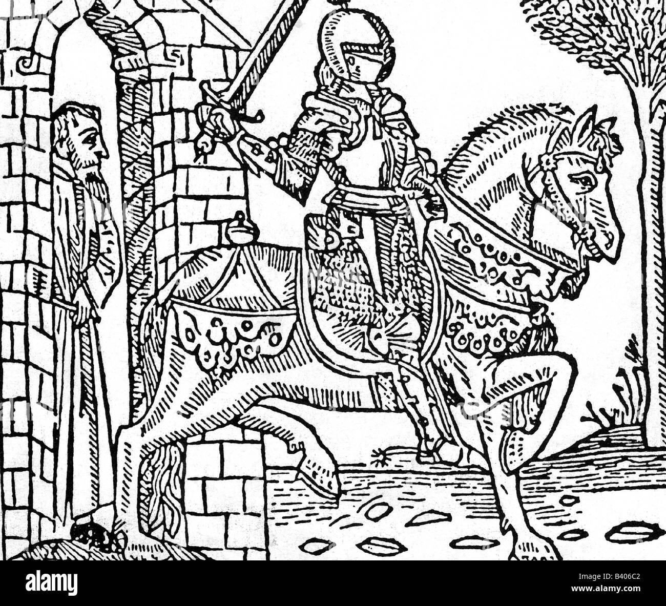 Diaz de Vivar, Rodrigo, 'El Cid', circa 1043 - 10.7.1099, Eroe Nazionale Spagnolo, taglio equestre in legno, 1498, lunghezza intera, Foto Stock