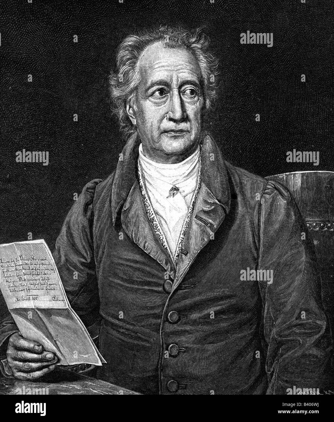 Goethe, Johann Wolfgang von, 28.8.1749 - 22.3.1832, autore/scrittore tedesco, a mezza lunghezza, come vecchio, incisione, 1828 , Foto Stock