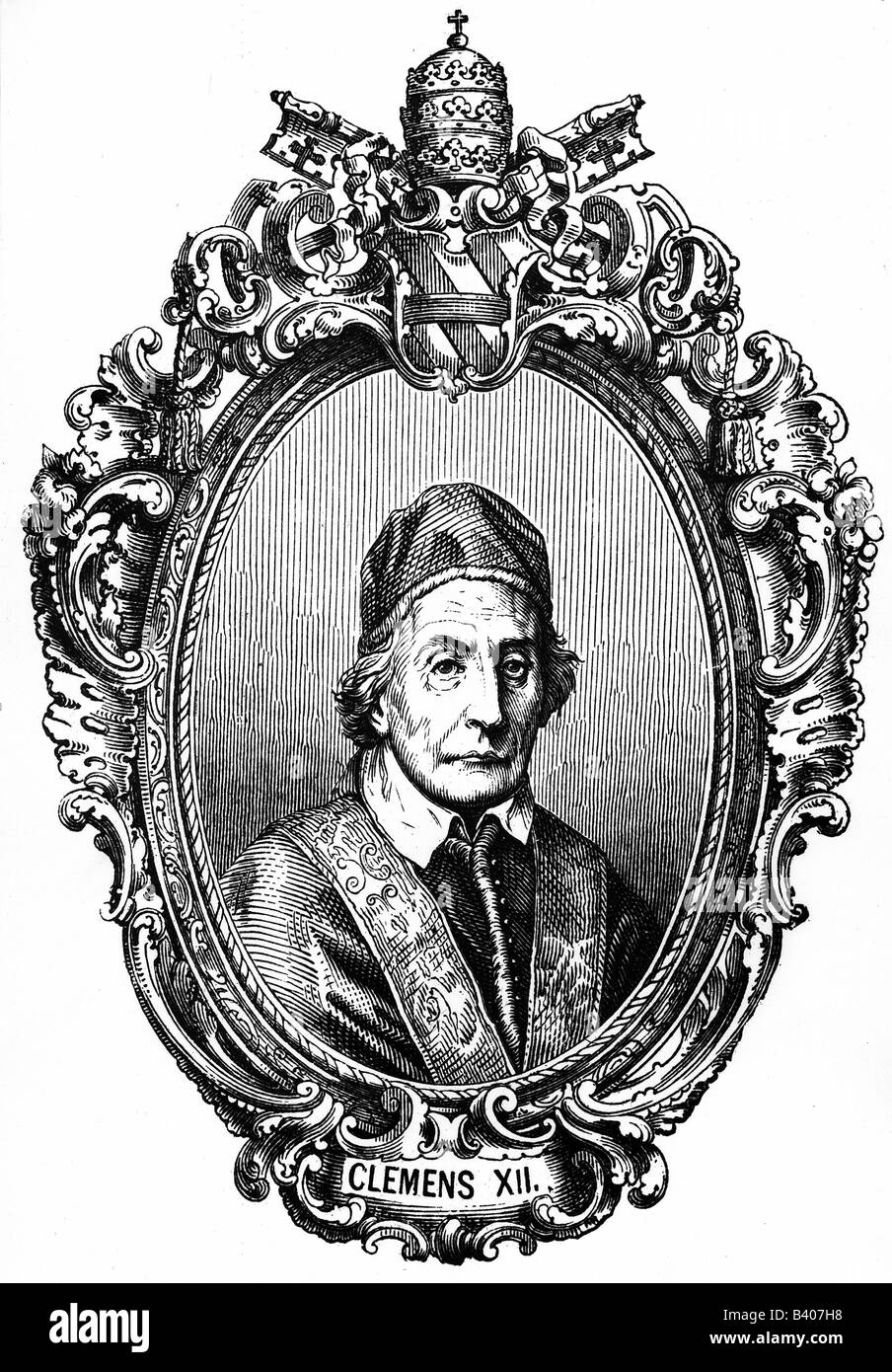 Clemente XII (Lorenzo Corsini), 16.4.1652 - 7.2.1741, Papa 12.7.1730 - 7.2.1741, ritratto, incisione in legno, 19th secolo, , Foto Stock
