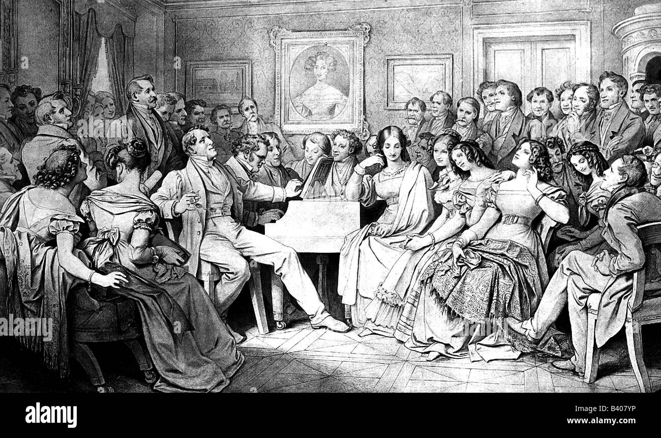 Schubert, Franz, 31.1.1797 - 19.11.1828, compositore austriaco, società musicale a Joseph von Spaun, disegno a tonalità seppia di Moritz von Schwind (21.1.1804 - 8.2.1871), Foto Stock