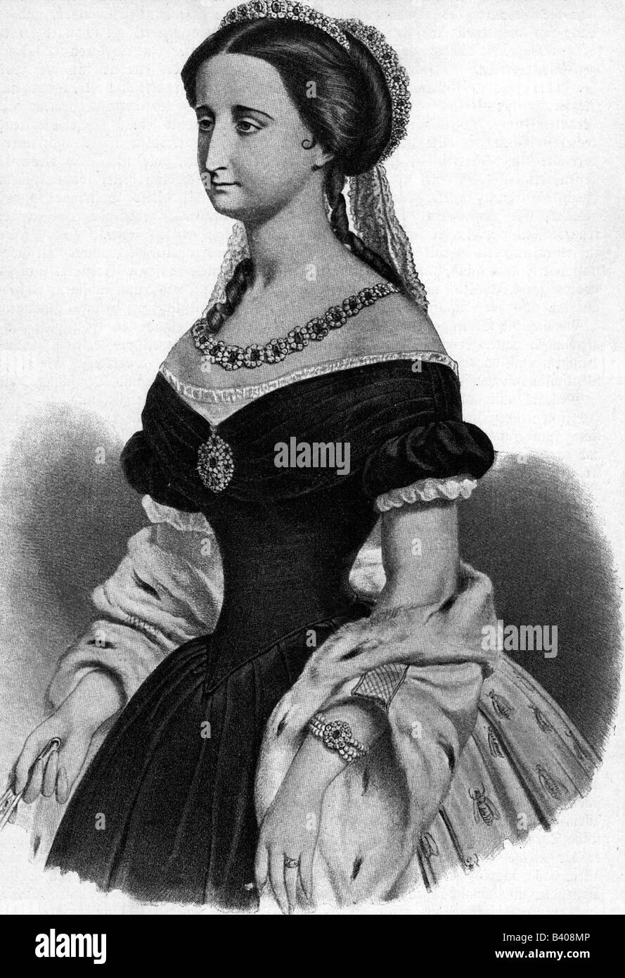 Eugenie, 5.51826 - 11.7.1920, Empress Consort di Francia 30.1.1853 - 4.9.1870, mezza lunghezza, litografia di Marie Adolphe, Foto Stock
