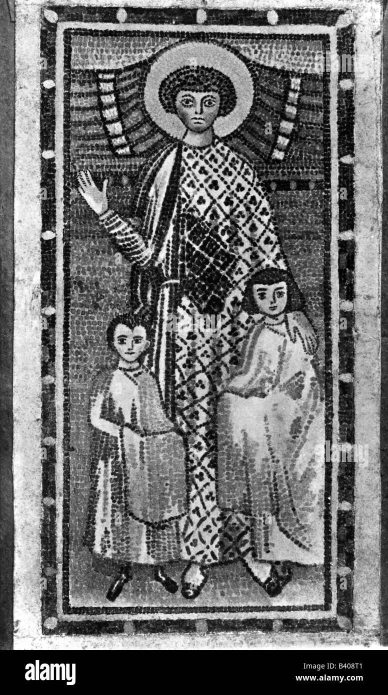 Demetrio di Salonicco, + circa 306, santo greco, mosaico murario della basilica di San Demetrio in gran parte distrutta a Salonicco, 6th secolo, lunghezza intera, Foto Stock