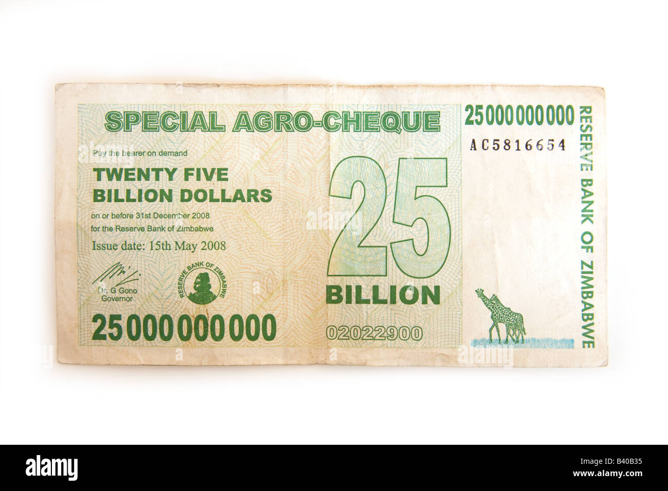 Dello Zimbabwe di 25 miliardi di dollari di nota isolato su un bianco di sfondo per studio. Foto Stock