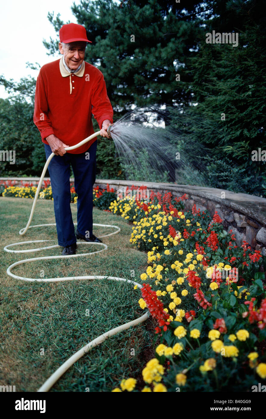 Uomo anziano, il custode del campo da golf di giardini, acque la caduta fiori; Chatanooga, Tennessee, Stati Uniti d'America Foto Stock