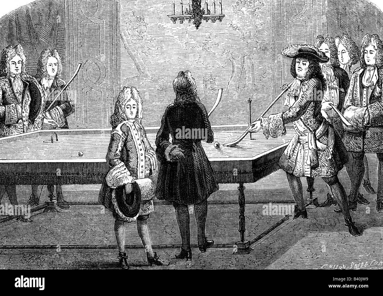 Luigi XIV, 5.9.1638 - 1.9.1715, Re di Francia 14.5.1643 - 1.9.1715, scena, giocando a biliardo, incisione di Bocourt dopo Trouvain, 17th secolo, , Foto Stock