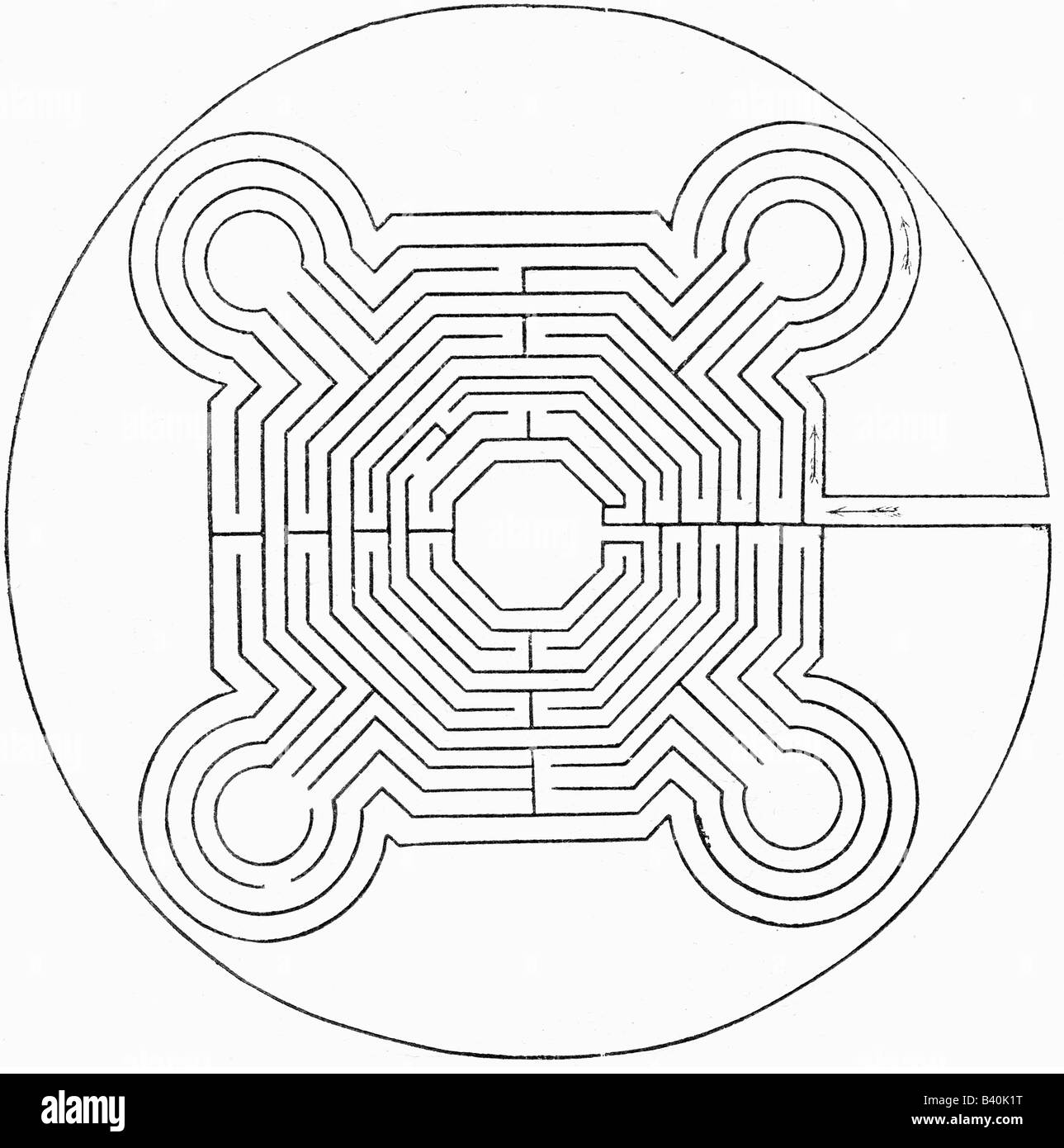 Architettura, labirinto, cattedrale di Notre Dame a Reims, costeggiato prima del 1278, distrutto 1778, schema, incisione del legno, 19th secolo, gotico, Medioevo, Francia, 13th secolo, storico, storico, medievale, Foto Stock