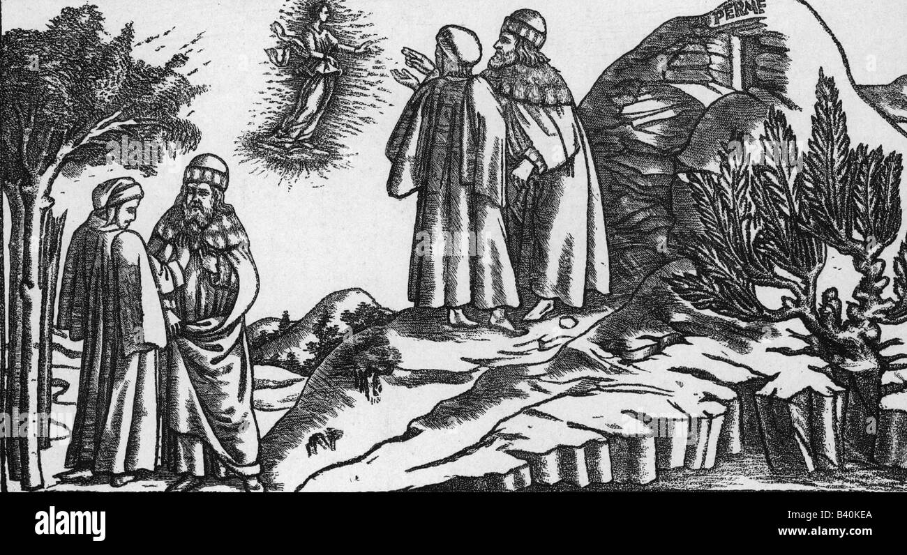 Dante Alighieri, 1265 - 14.9.1321, poeta italiano, opere, illustrazione da "Divina Commedia", incisione su rame, da Baccio Baldin, 1483, artista del diritto d'autore non deve essere cancellata Foto Stock
