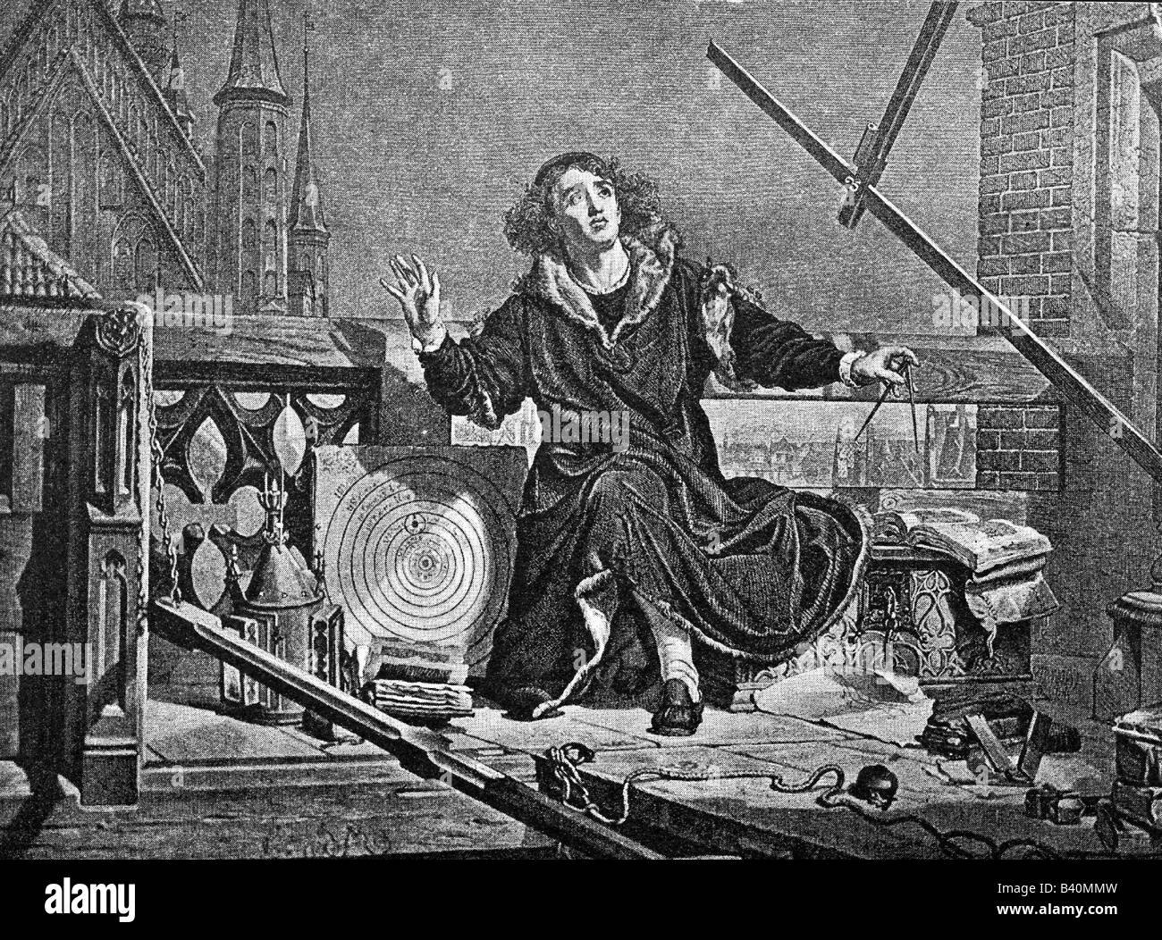 Copernico, Nicolaus, 19.2.1473 - 24,5.1543, astronomo polacco, a tutta lunghezza, durante l'osservazione astronomica sul tetto della sua casa, dopo la pittura di Jan Matejko, 1873, Foto Stock