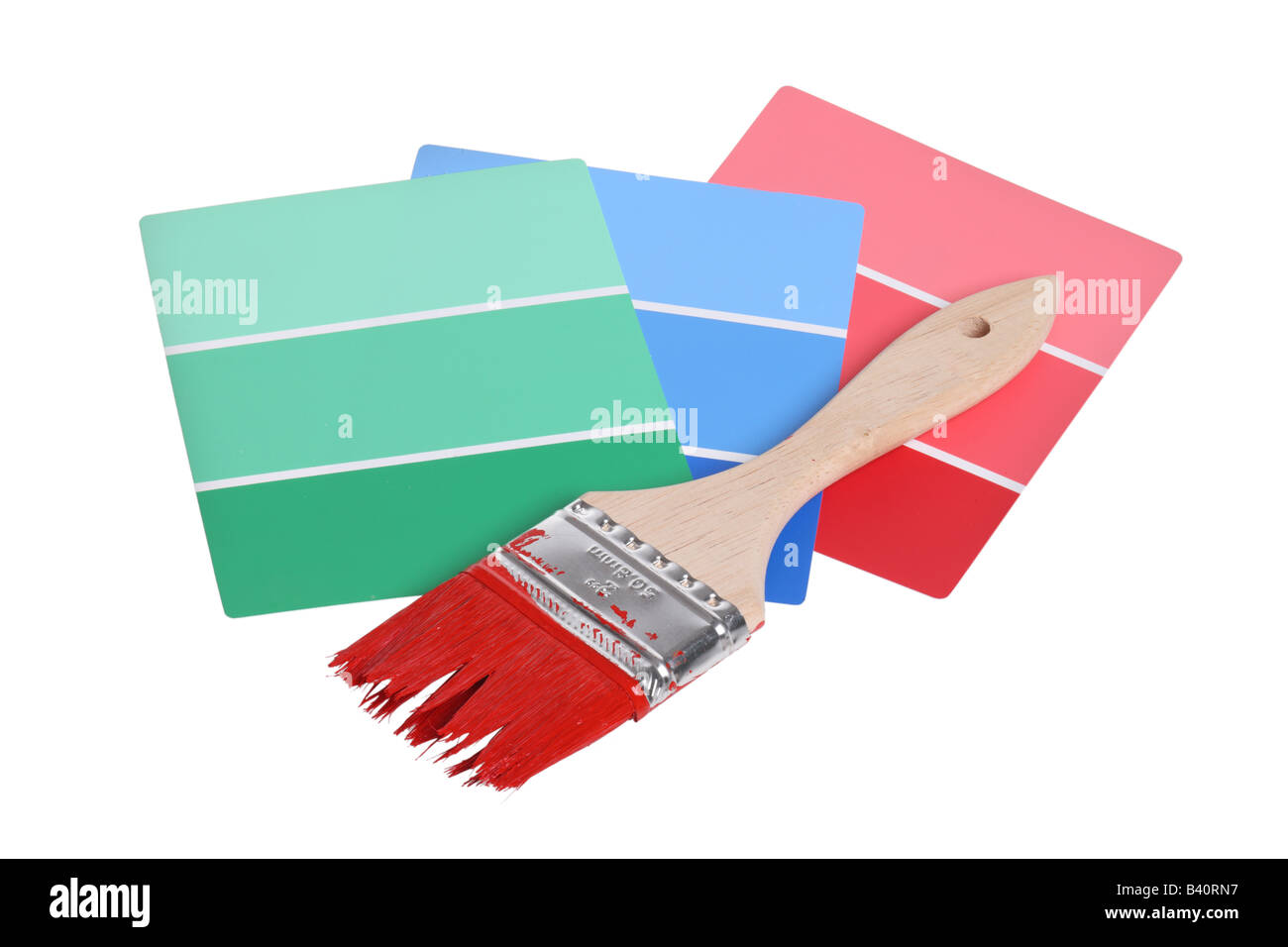 Pennello e vernice campioni di colore ritagliare isolati su sfondo bianco Foto Stock