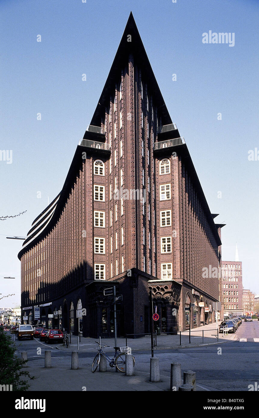 Geografia / viaggio, Germania, Amburgo, edifici, architettura, Chilehaus costruito da Fritz Hoeger, 1922 / 1923, vista esterna, casa, , Foto Stock