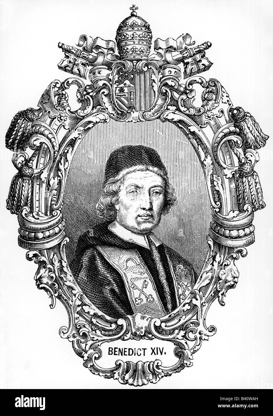 Benedetto XIV (Prospero Lambertini), 31.3.1675 - 2.5.1758, Papa 17.8.1740 - 2.5.1758, ritratto, incisione su rame, XVIII secolo , artista del diritto d'autore non deve essere cancellata Foto Stock