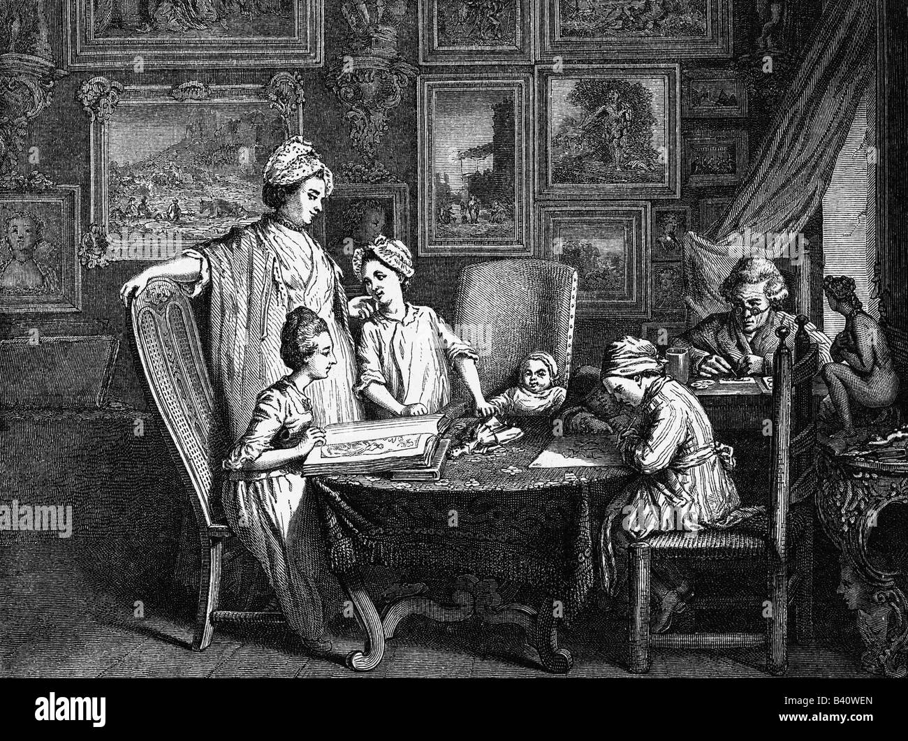 Chodowiecki Daniel, 16.10.1726 - 7.2.1801, tedesco pittore e incisore, con la sua famiglia, incisione su rame, XVIII secolo , artista del diritto d'autore non deve essere cancellata Foto Stock