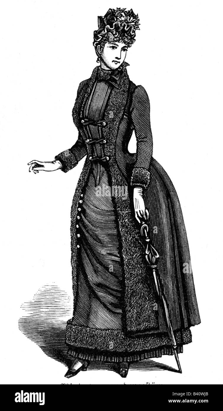 Moda, 19th secolo, moda donna, Germania, abito da passeggiata invernale, incisione in legno, 1885, Foto Stock