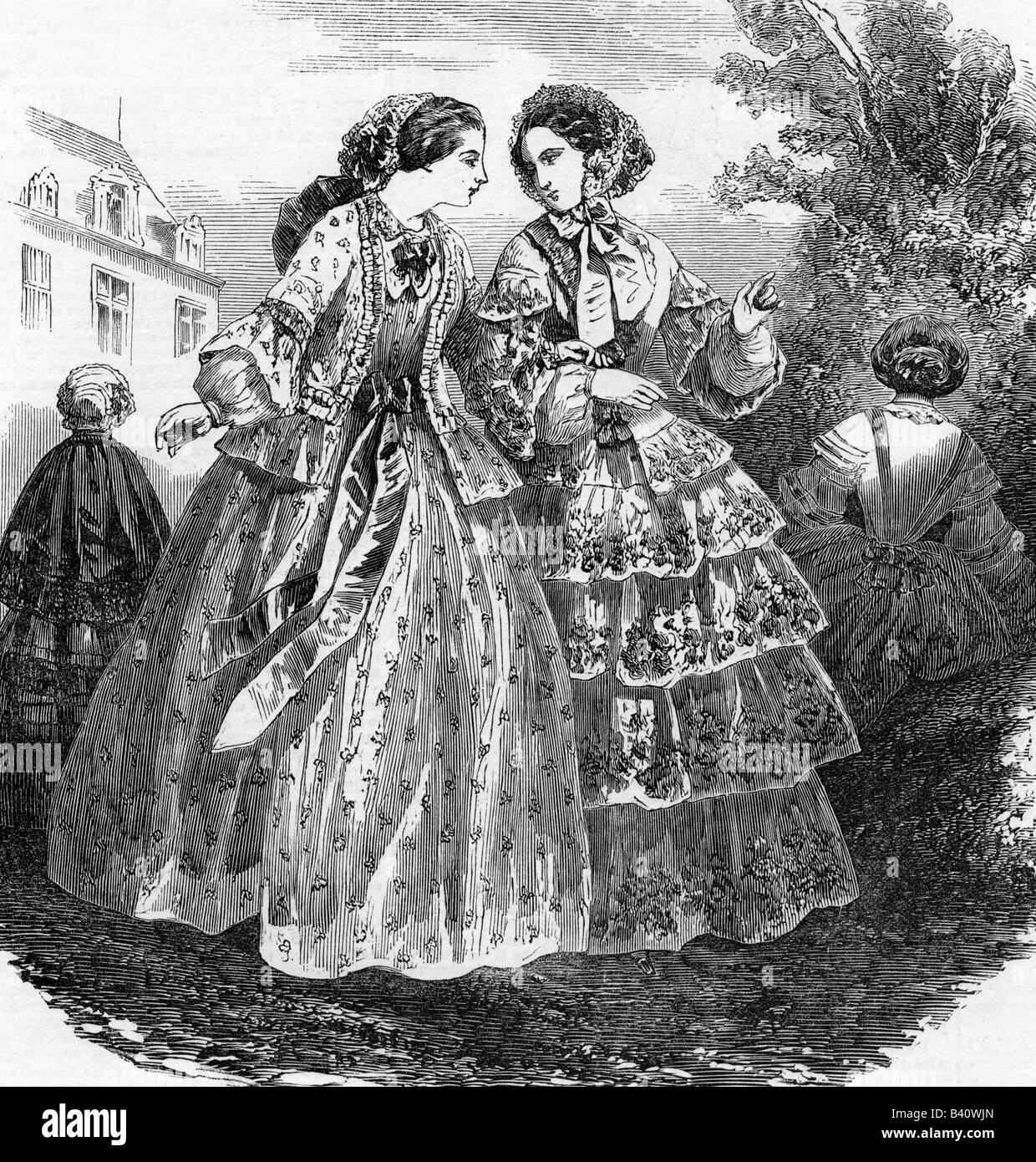 Moda, 19th secolo, moda donna, Francia, abiti estivi, incisione in legno da una rivista britannica, agosto 1870, Foto Stock