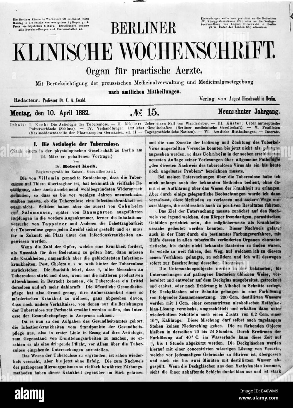 Koch, Robert, 11.12.1843 - 27.5.1910, scienziato tedesco (medico), pubblicazione della sua scoperta della tubercolosi, rivista medica 'Klinische Wochenschrift', Berlino, 10.4.1882, Foto Stock