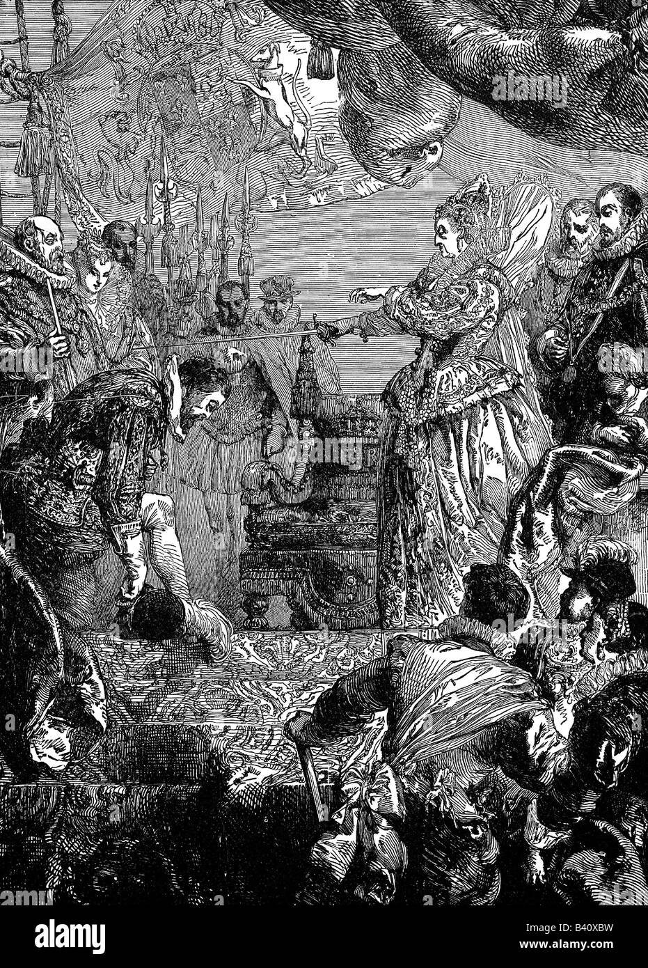 Drake, Francis, circa 1540 - 28.1.1596, navigatore inglese, è soprannominato cavaliere dalla regina Elisabetta i, 1581, immagine storica, incisione in legno, 19th secolo, mezza lunghezza, Foto Stock