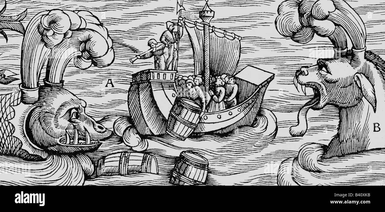 Superstizione, creature mitiche, grande galles che attacca una nave, woodcut, 'Cosmographia' di Sebastian Muenster, 5th edizione, 1550, , Foto Stock