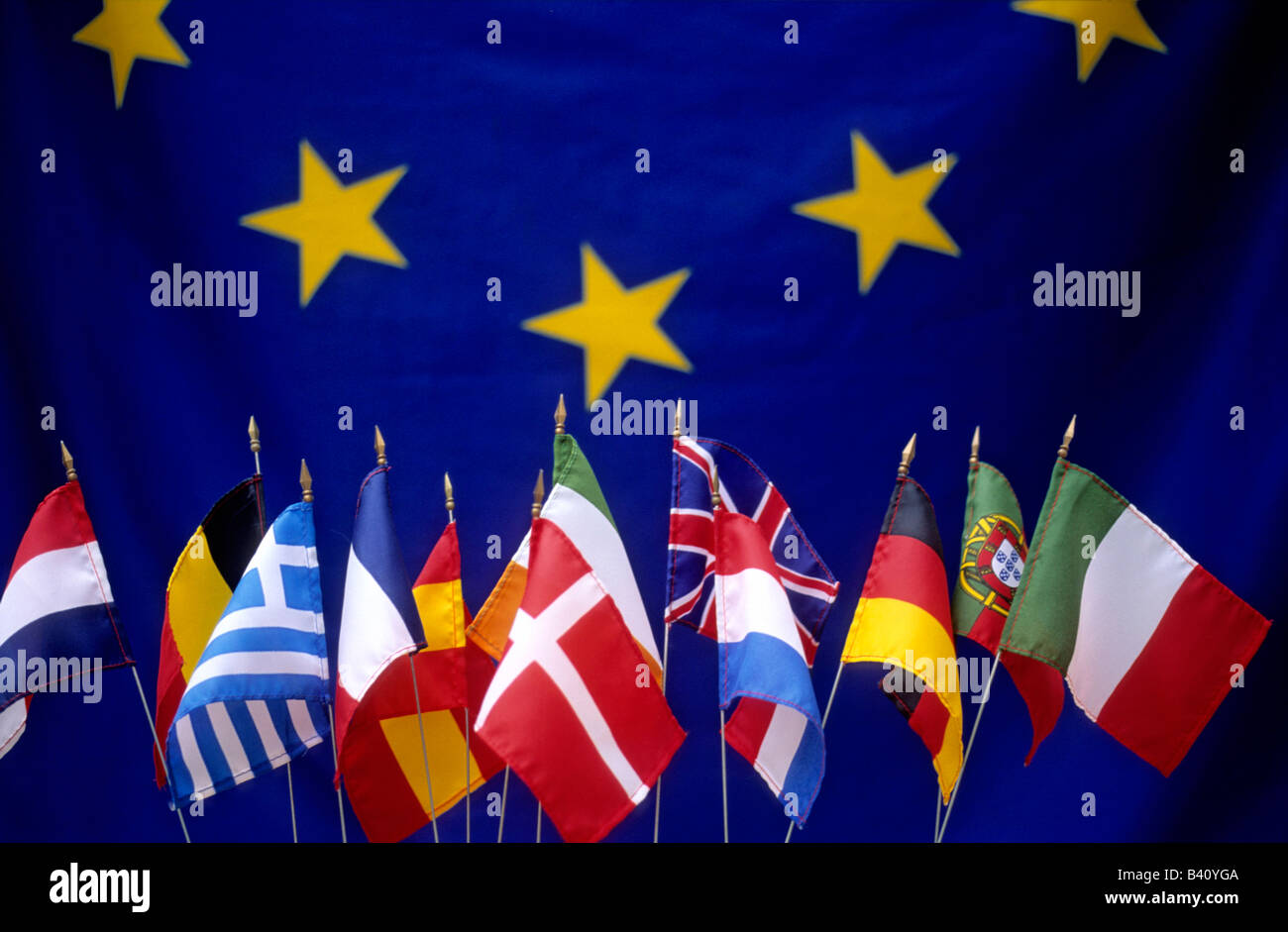 Fila di bandiere europee dei paesi dell'UE Foto Stock