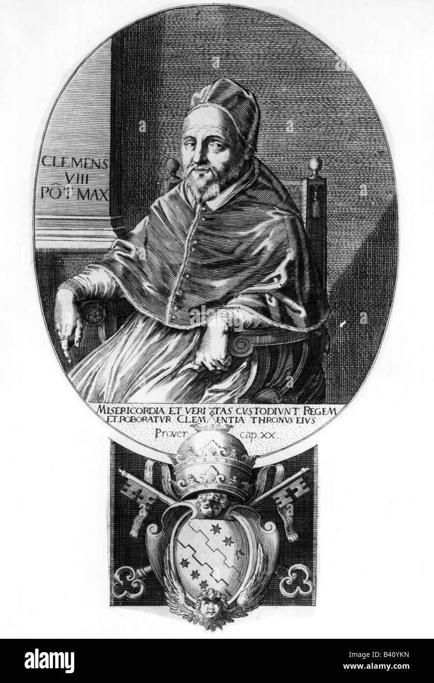 Clemente VIII (Ippolito Aldobrandini), 24.2.1536 - 3.3.1605, Papa 30.1.1592 - 3.3.1605, a mezza lunghezza e incisione su rame, secolo XVII, , artista del diritto d'autore non deve essere cancellata Foto Stock