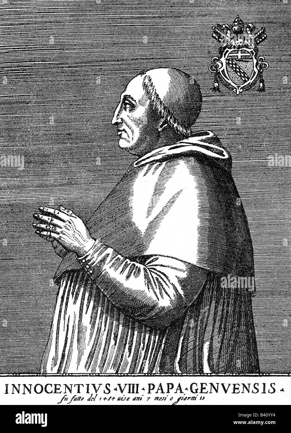 Innocenzo VIII (Giambattista Cybo), 1432 - 25.7.1492, Papa 29.8.1484 - 25.7.1492, a mezza lunghezza e incisione su rame, circa 1490, , artista del diritto d'autore non deve essere cancellata Foto Stock