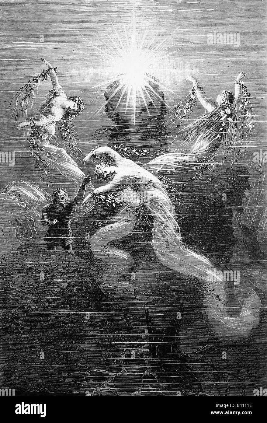 Wagner, Richard, 22.5.1813 - 13.2.1883, compositore tedesco, opera, opera 'il Reno Gold' (Rheingold), dal 'Ring of the Nibelung' (Der Ring des Nibelungen), scena: Alberich e la Rhinemaidens, legno incisione dopo disegno di Knut Ekvall, 19th secolo, Foto Stock