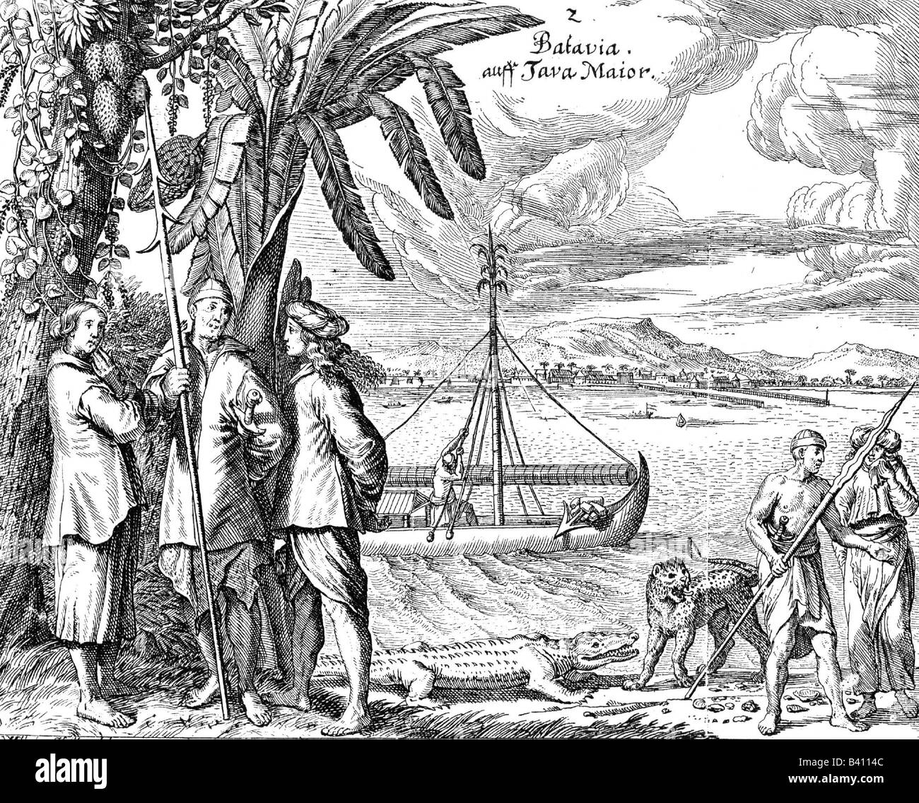 Geografia / viaggio, Indonesia, Giava, Batavia (Jacarta), persone e animali, città sullo sfondo, incisione, 1669, Foto Stock