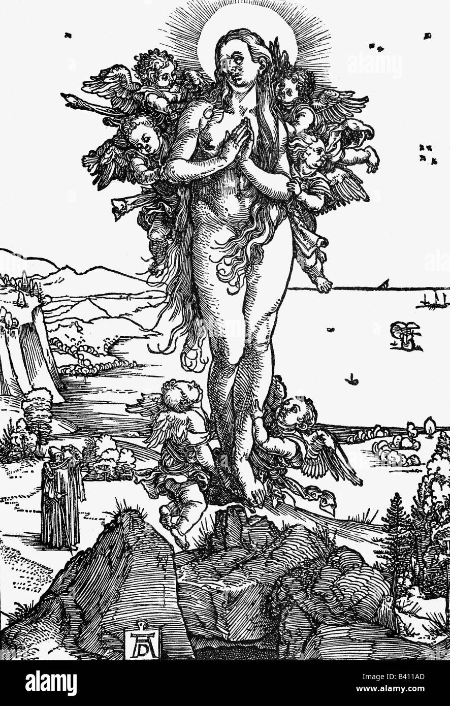 Maria Maddalena, San, la figura del Nuovo Testamento, a piena lunghezza e xilografia, 'Verzueckung der Heiligen Maria Magdalena' (assunzione di Santa Maria Maddalena), da Albrecht Dürer (1471 - 1528), in Germania, circa 1505, artista del diritto d'autore non deve essere cancellata Foto Stock